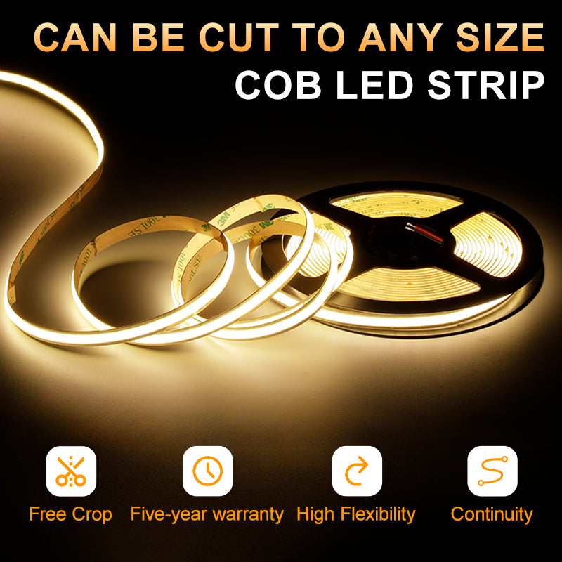 Any Length Cuttable COB Strip Light, 9W/M, 5Meters/Roll, 3000K Ra>90, 16.5ft / 200lm/ft 24V