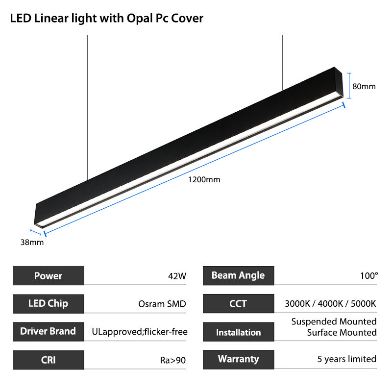 4ft ETL Listed  120 Degree 36W LED Pendant Linear Light