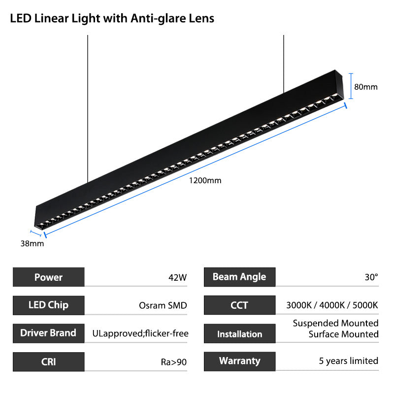 ETL Certified 4ft Anti Glare Suspension LED Linear Light
