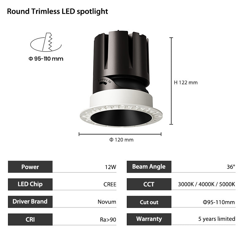 Trimless 4inch 12W Adjustable IC Rated LED Recessed Pot Light
