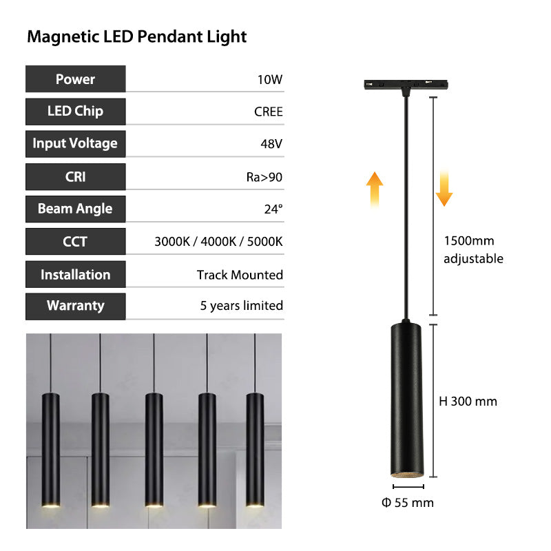 Magnetic 10W black cylindrical led pendant lights