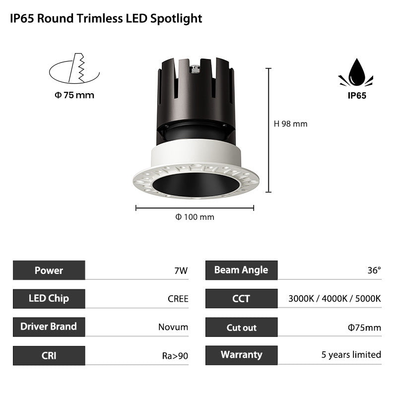 7W 3inch Waterproof Adjustable Trimless CREE LED Recessed Pot Light