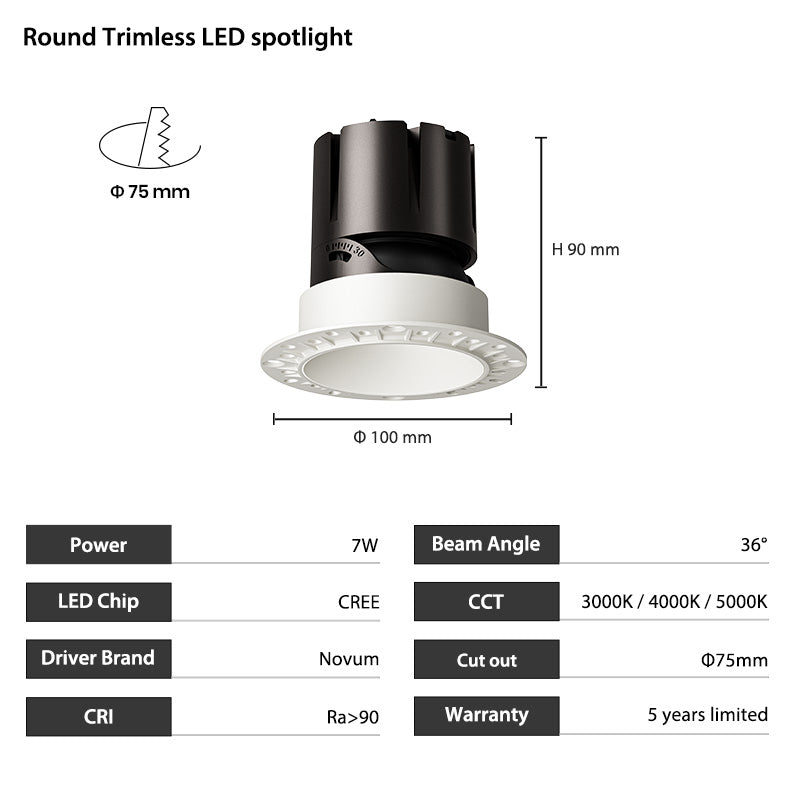 Anti Glare Trimless 3inch Adjustable IC Rated LED Pot Light 7W