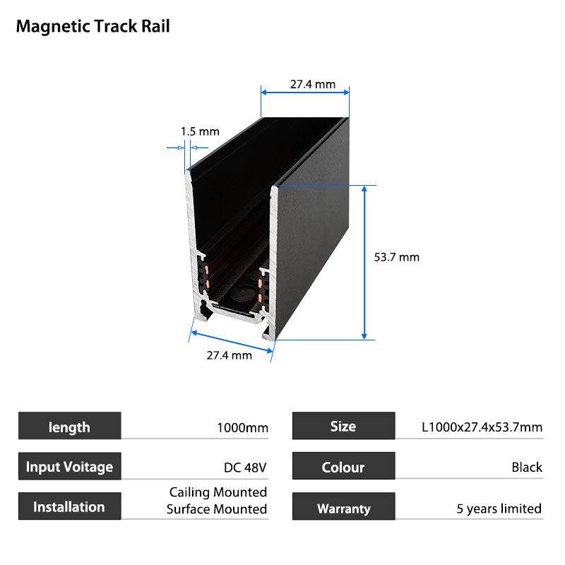 3.3ft 1000mm Length Surface Mount Suspension 48V Magnetic Track Rail